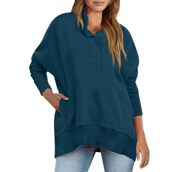 Sweatshirts For Women Loose Fit Women's Fashion V-Neck Button Solid Color Long Sleeve Pocket Sweatshirt Top