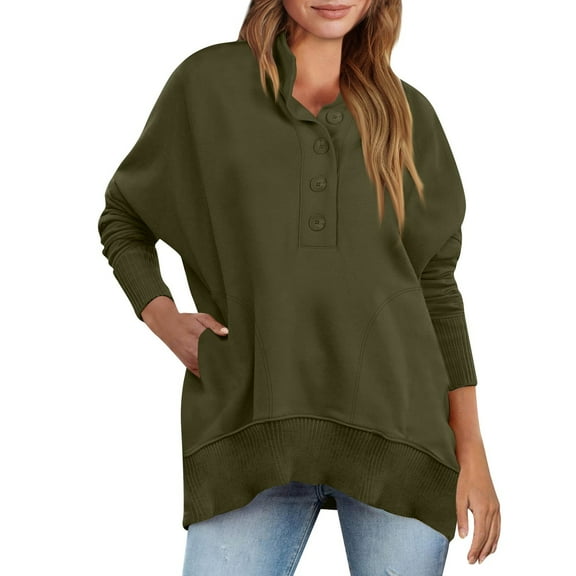 Sweatshirts For Women Loose Fit Women's Fashion V-Neck Button Solid Color Long Sleeve Pocket Sweatshirt Top