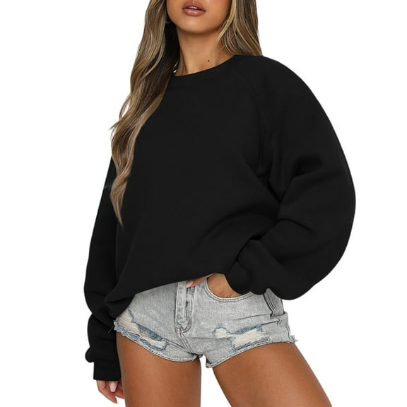 Sweatshirts For Women Oversized Crewneck Fleece Pullover Long Sleeve Tops Comfy Fall Winter Fashion Outfits Black