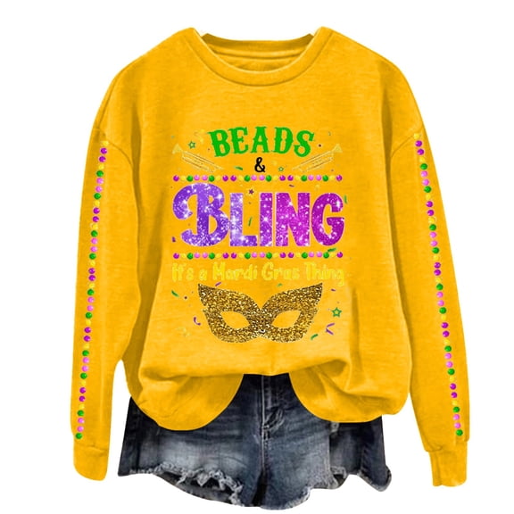 Sweatshirts Hoodies for Women Long Sleeve Crew Neck Winter Fall BEADS & BLING It's A Mardi Gras Thing Letter Print Top Casual Tops