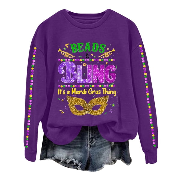 Sweatshirts Hoodies for Women Long Sleeve Crew Neck Winter Fall BEADS & BLING It's A Mardi Gras Thing Letter Print Top Casual Tops