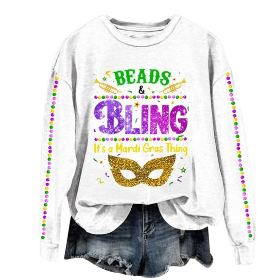 Sweatshirts Hoodies for Women Long Sleeve Crew Neck Winter Fall BEADS & BLING It's A Mardi Gras Thing Letter Print Top Casual Tops