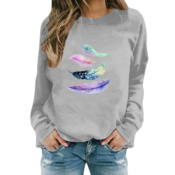 Sweatshirts Hoodies for Women Long Sleeve Crew Neck Winter Fall Feather Print Fashion Top Casual Tops