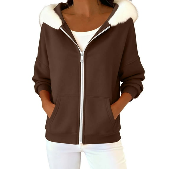 Sweatshirts Jackets for Women Full Zip Up Hoodie with Faux Fur Trim Collar Long Sleeve Casual Trendy Hooded Coat (2XL, Coffee)