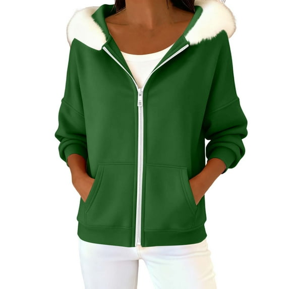 Sweatshirts Jackets for Women Full Zip Up Hoodie with Faux Fur Trim Collar Long Sleeve Casual Trendy Hooded Coat (L, Green)