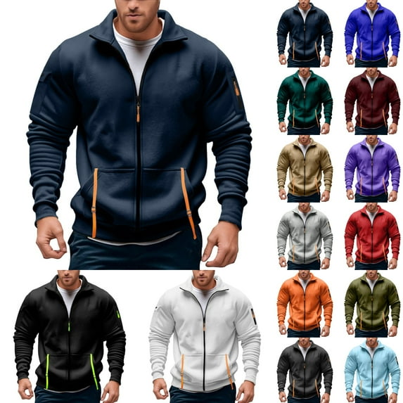 Sweatshirts for Men Casual Solid Stand Collar Pockets Full Zip Hoodless Jacket Pullover Trend Streetwear Fall Winter Comfy Loose Gym Mens Sweatshirt Navy XXL