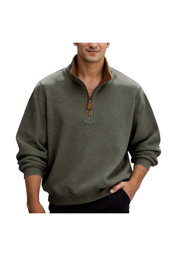 Sweatshirts Men Heavyweight Plaid Quarter Zip Pullover Top Stand Collar Long Sleeve Loose for Business Casual Commute Army Green L