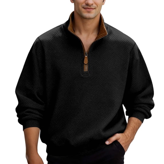 Sweatshirts Men Heavyweight Plaid Quarter Zip Pullover Top Stand Collar Long Sleeve Loose for Business Casual Commute Black L