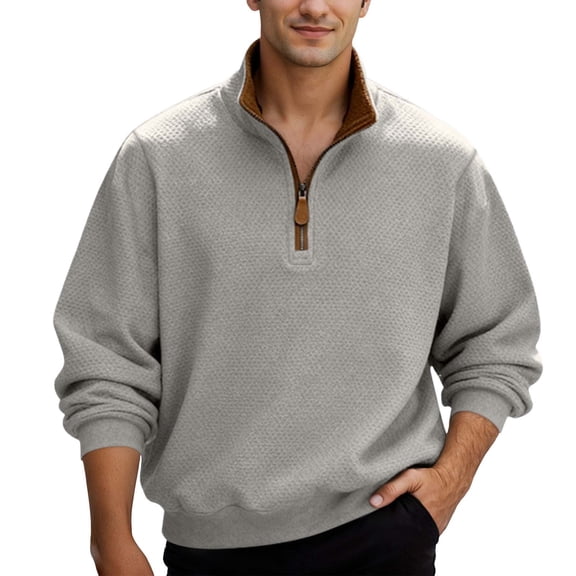 Sweatshirts Men Heavyweight Plaid Quarter Zip Pullover Top Stand Collar Long Sleeve Loose for Business Casual Commute Light Gray XXXL
