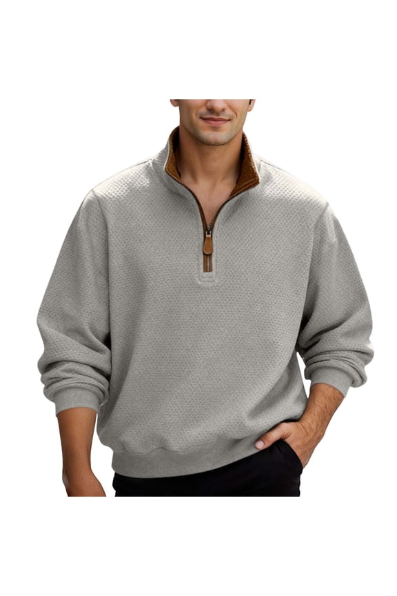 Sweatshirts Men Heavyweight Plaid Quarter Zip Pullover Top Stand Collar Long Sleeve Loose for Business Casual Commute Light Gray XXXL