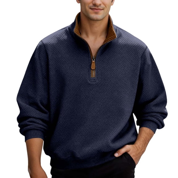 Sweatshirts Men Heavyweight Plaid Quarter Zip Pullover Top Stand Collar Long Sleeve Loose for Business Casual Commute Navy L