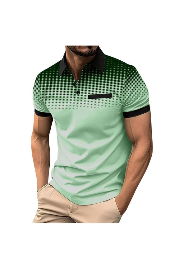 Men's Polka Dot Gradient Short Sleeve Lapel Collar Button-Down Shirt, Athletic Wear