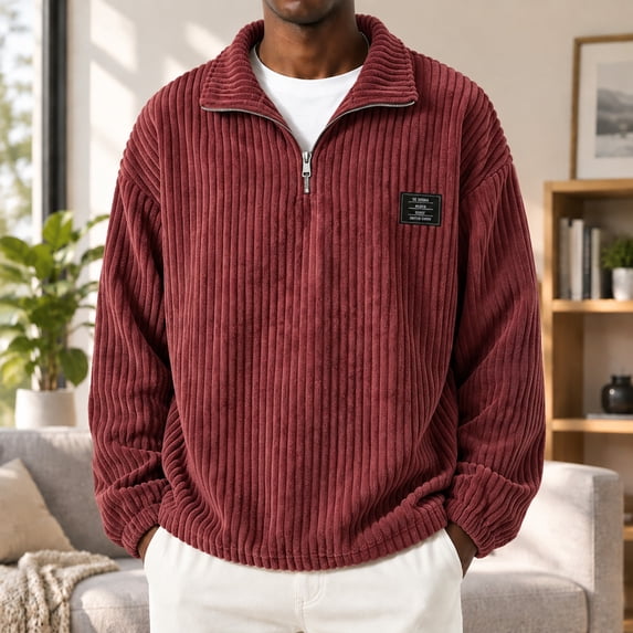 Solid Images Sweatshirts for Men Relaxed Quarter‑Zip Mock Collar Corduroy Sweatshirt ...