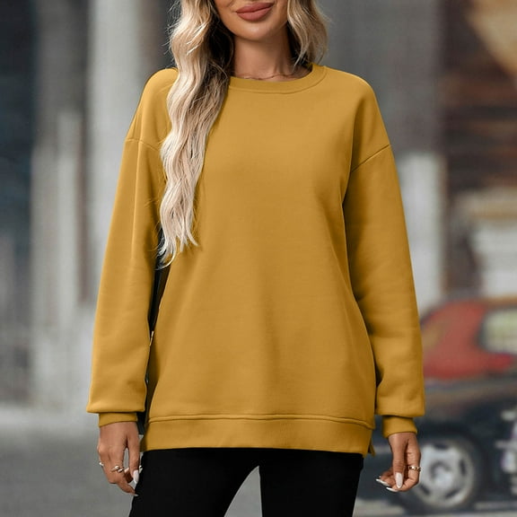 Sweatshirts Under $10, Fashion Women Round Neck Long Sleeve Solid Loose Sweatshirt Blouse, Yellow S