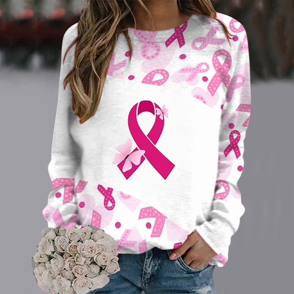 Sweatshirts for Women Breast Cancer Gift Crewneck Long Sleeve Shirts Pink-Ribbon-Day Graphic Tunic Tops Blouses for Leggings, Casual Tops Pullover Cute Lightweight Loose Pocket Shirt qILAKOG