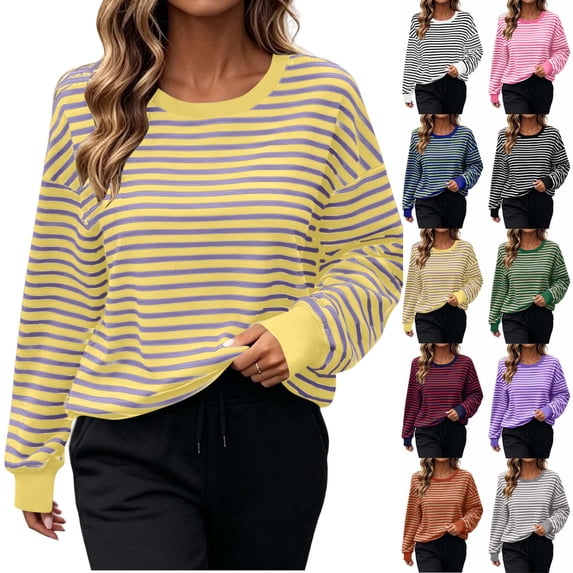 Sweatshirts for Women Color Block Striped Long Sleeve Crew Neck Drop Shoulder Loose Fashion Casual Pullover Tops Color Contrast Cuff Loungewear Shirts