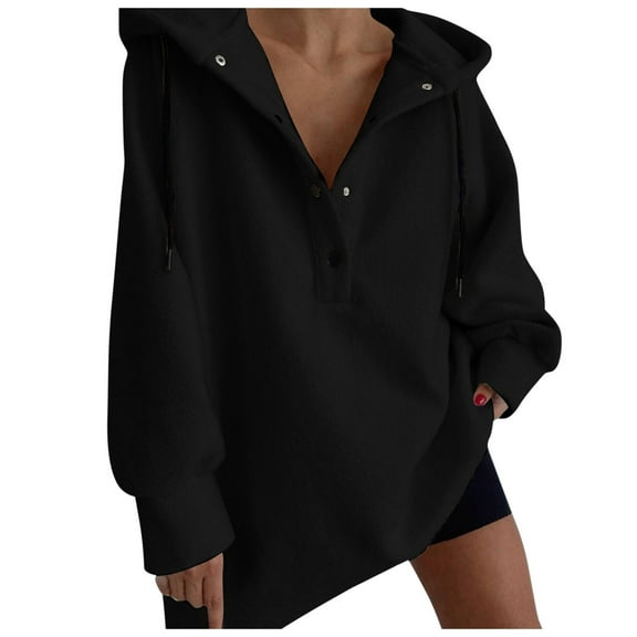 Sweatshirts for Women Drawstring Button Long Sleeve Solid Color Pullover Hoodie Loose Pleated Casual Sweatshirt Women Petite Size Womens Cool Hoodies Extra Long Tops Tee Shirt Hoodie Hoodies & Black S