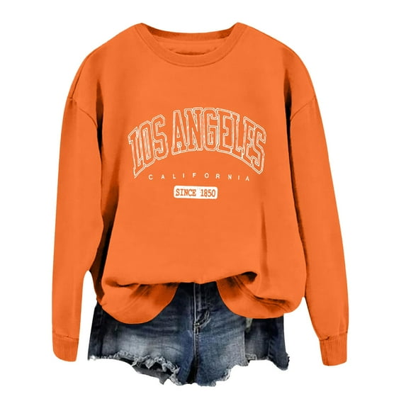 Sweatshirts for Women Fall Lose Angeles Lett Print Sweatshirt Long Sleeve Crewneck Pullover Top Oversize Drop Shoulder Design Hoodies for Women Orange S