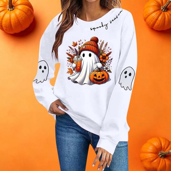 Sweatshirts for Women JIANLAI Spooky Season Cute Ghost Pumpkin Graphic Crewneck Sweatshirt, Fall Halloween Long Sleeve Pullover Top, Loose Casual Printed Sweatshirt