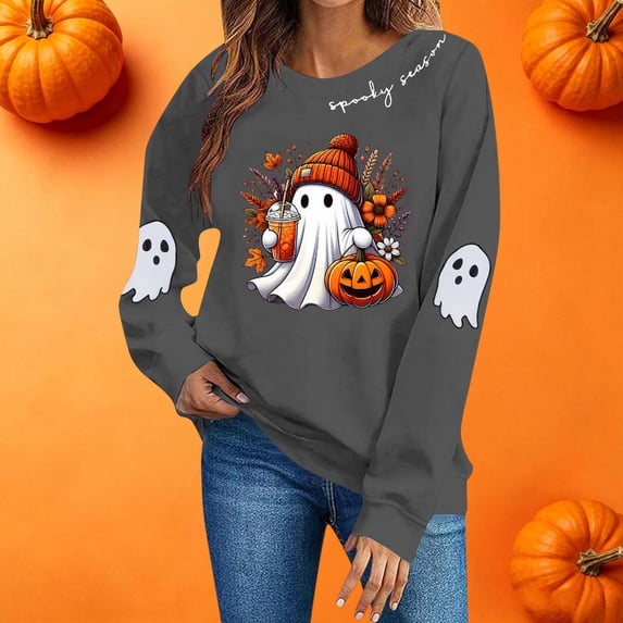 Sweatshirts for Women JIANLAI Spooky Season Cute Ghost Pumpkin Graphic Crewneck Sweatshirt, Fall Halloween Long Sleeve Pullover Top, Loose Casual Printed Sweatshirt