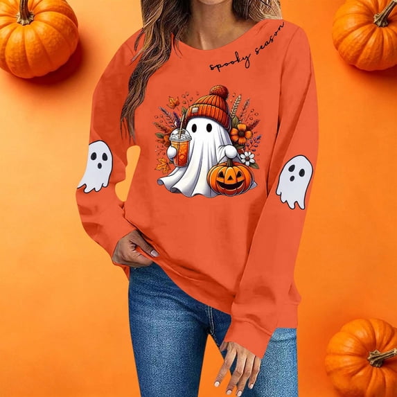 Sweatshirts for Women JIANLAI Spooky Season Cute Ghost Pumpkin Graphic Crewneck Sweatshirt, Fall Halloween Long Sleeve Pullover Top, Loose Casual Printed Sweatshirt