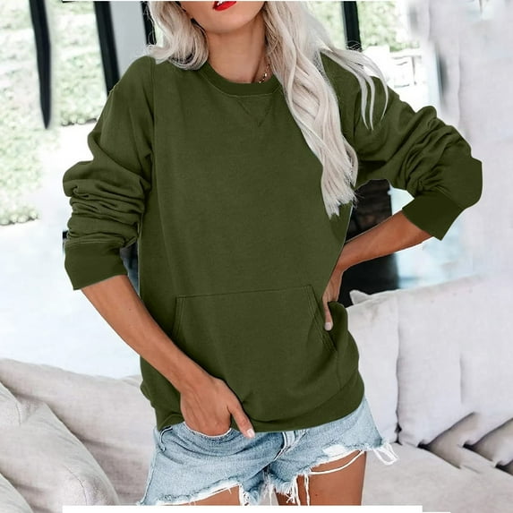 Sweatshirts for Women Loose Fit Plus Christmas Fall Crew Neck Sweatshirts Women Loose Fit Long Sleeve Sweater Solid Relaxed Casual Pullover Tops with Kangaroo Pocket Fall Clothes for Women 2024
