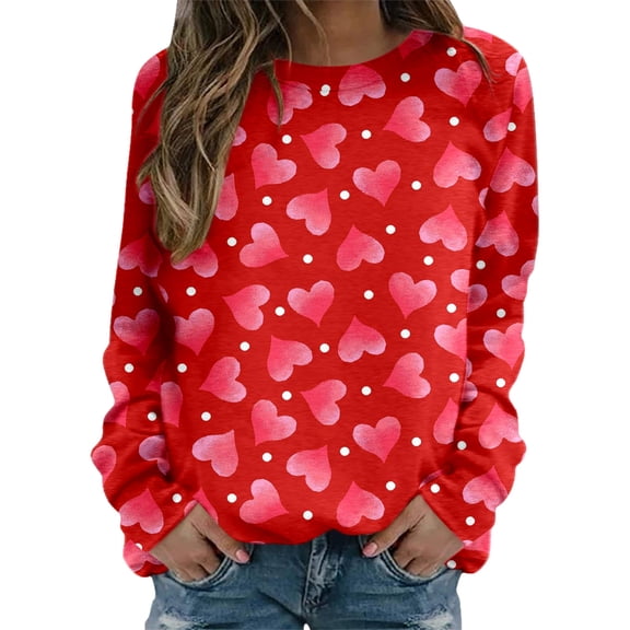 Sweatshirts for Women Loose Fit Women's Valentine's Day Couples Matching Heart Print Crewneck Long Sleeve Comfortable Casual Hoodless Sweatshirt Hoodie for Women Red L