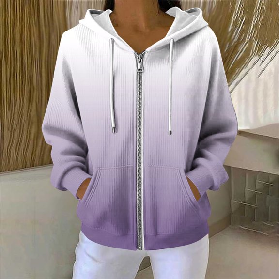 Sweatshirts for Women New Women's Fashion Casual Printing Long Sleeve Pocket Hooded Pit Strip Zippered Pocket Sweatshirt Hoodie Coat Style B-7 Purple XL