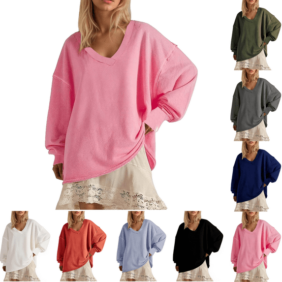 Sweatshirts for Women Oversize Low V-neck Womens Sweatshirt Long Sleeves Solid Color Comfy Pullover Fleece Casual Tops 2025 Fall Fashion Outfits Winter Plus Size Clothes