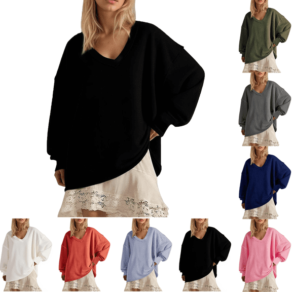 Sweatshirts for Women Oversize Low V-neck Womens Sweatshirt Long Sleeves Solid Color Comfy Pullover Fleece Casual Tops 2025 Fall Fashion Outfits Winter Plus Size Clothes