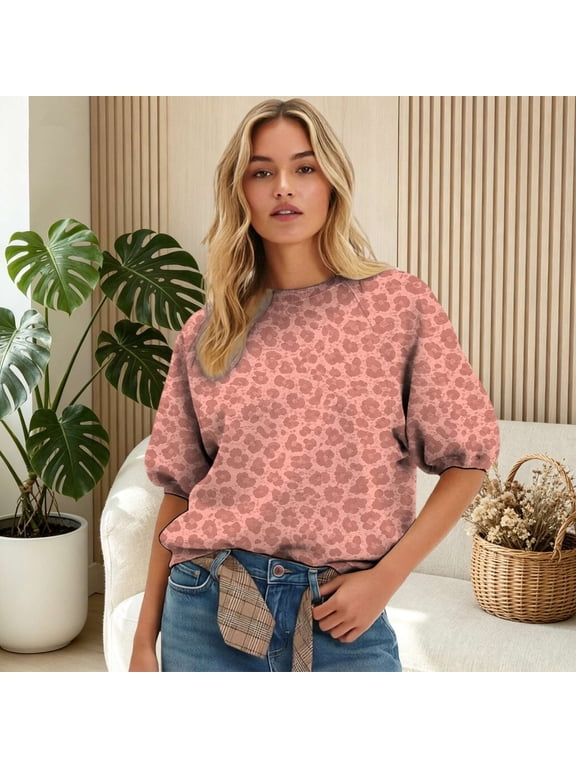 Sweatshirts for Women Short Sleeve Crew Neck Puff Sleeve Leopard Print Pullover Oversized Top Loose Fit Casual Fall Winter Basic Cheetah Graphic Blouse