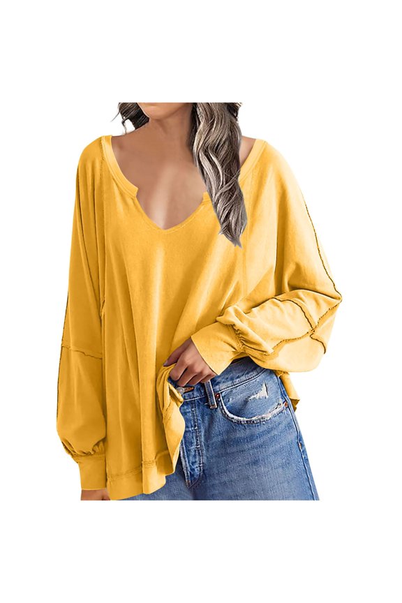 Sweatshirts for Women Trendy Cheap Fall Relaxed Fit V Neck Long Sleeve Bubble One Shoulder Side Split Plain Pullover Cotton Pullovers Sweatshirts(Yellow,XL)
