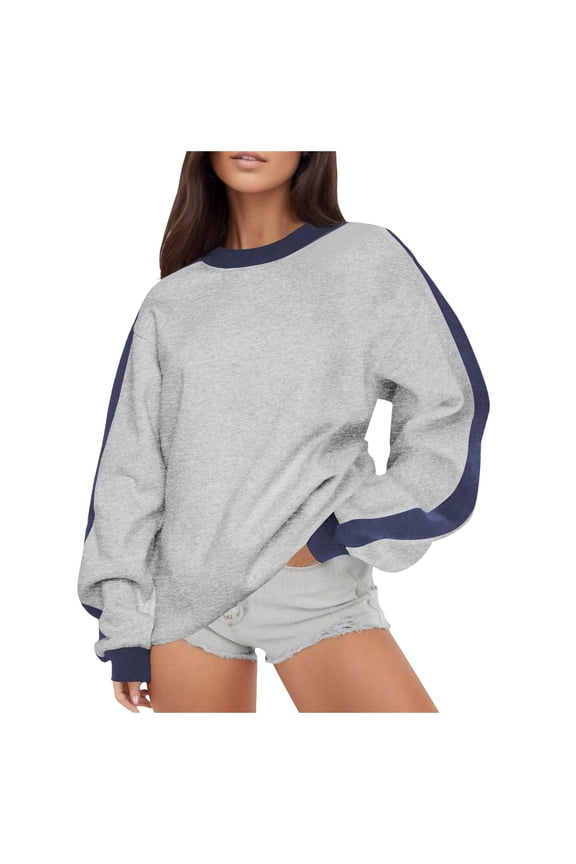 Sweatshirts for Women Trendy Fall Winter Loose Crewneck Long Sleeve Dolman One Shoulder Curve Hem Colorblock Leisure Cotton Pullover Tops(Light Gray,S)
