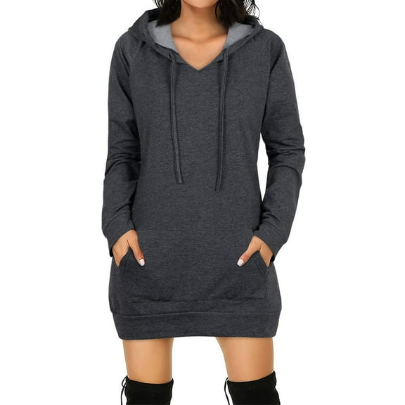 Sweatshirts Women Trendy Women Long Sleeve V Neck Tops Mid-Length Casual Tunic Hoodie String Sweatshirts With Pockets