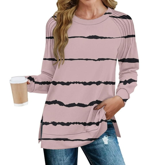 Sweatshirts Women Trendy Women's Fashion Casual Stripe Print Pleated Hem Split Loose Fit Fall Sweatshirt Long Sleeve Top
