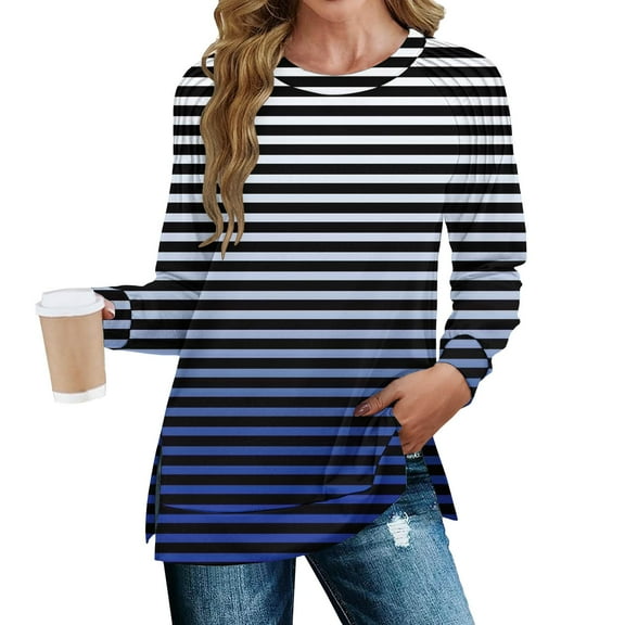Sweatshirts Women Trendy Women's Fashion Casual Stripe Print Pleated Hem Split Loose Fit Fall Sweatshirt Long Sleeve Top
