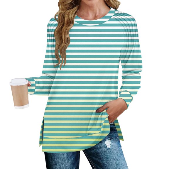 Sweatshirts Women Trendy Women's Fashion Casual Stripe Print Pleated Hem Split Loose Fit Fall Sweatshirt Long Sleeve Top