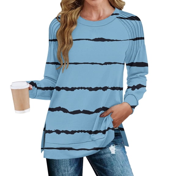 Sweatshirts Women Trendy Women's Fashion Casual Stripe Print Pleated Hem Split Loose Fit Fall Sweatshirt Long Sleeve Top