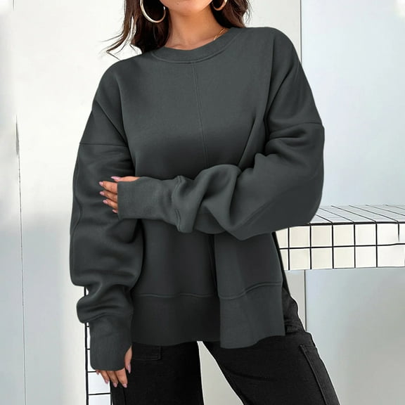 Sweatshirts Women Trendy Women's Solid Color Slit Round Neck Sweatshirt Casual Top Loose Long Sleeved Top