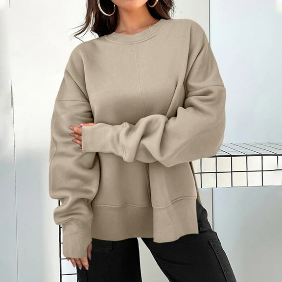 Sweatshirts Women Trendy Women's Solid Color Slit Round Neck Sweatshirt Casual Top Loose Long Sleeved Top