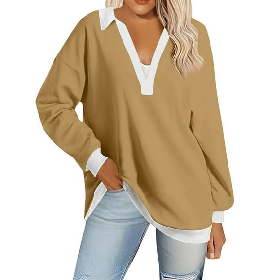 Sweatshirts Women Trendy Women's Solid Color V Neck Long Sleeved Sweatshirt Top Casual Waist Cinching Sweatshirt