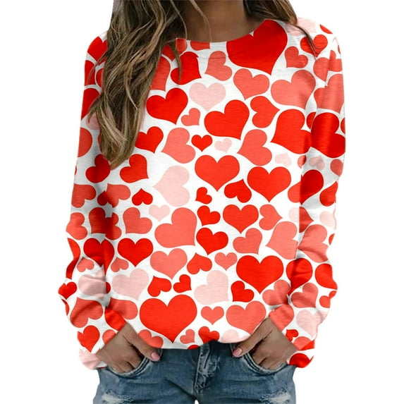 Sweatshirts for Women Trendy Women's Valentine's Day Couples Matching Heart Print Crewneck Long Sleeve Fashion Casual Hoodless Pullover Oversized Hoodies for Women Red L