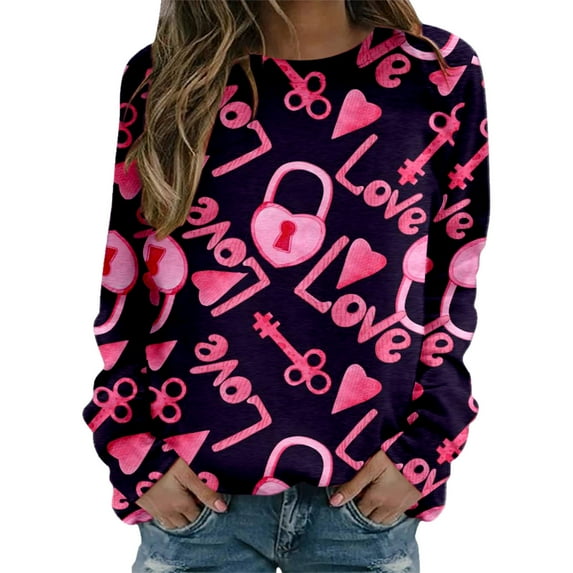 Sweatshirts for Women Trendy Women's Valentine's Day Couples Matching Heart Print Crewneck Long Sleeve Soft Casual Hoodless Pullover Hoodie Women Hot Pink S