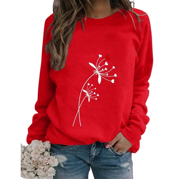 Sweatshirts for Women Trendy Women's Valentine's Day Couples Matching Theme Print Crewneck Long Sleeve Lightweight Casual Hoodless Pullover Women Hoodie Red XL