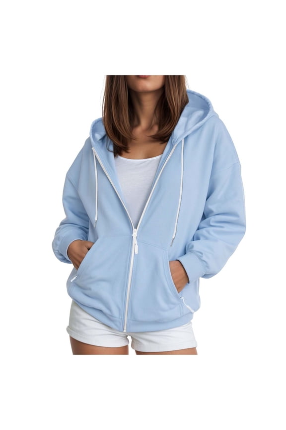 Sweatshirts for Women Trendy Zip Up Fall Winter Loose Fit Hooded Long Sleeve Batwing Cold Shoulder Hoody Solid Color Leisure Polyester Hoodies(Light Blue,S)