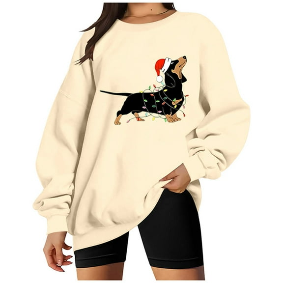 Sweatshirts for Women Winter Christmas Dog Printed Long Sleeve Crew Neck Pullover Tops Regular Casual Cozy Soft Loose Fall Women Sweatshirt Light Yellow M