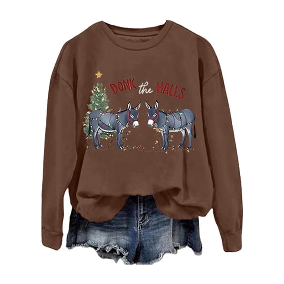 Sweatshirts for Women Winter Christmas Donkey Graphic Print Pullover Tops Regular Long Sleeve Crew Neck Casual Cozy Soft Loose Fall Womens Sweatshirts ZD Brown S