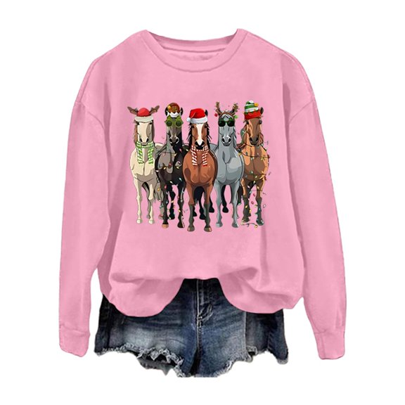 Sweatshirts for Women Winter Christmas Horse Graphic Pullover Tops Long Sleeve Crew Neck Regular Casual Cozy Soft Loose Fall Womens Sweatshirts ZA Pink S