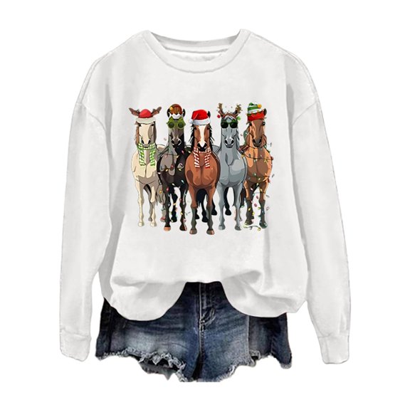 Sweatshirts for Women Winter Christmas Horse Graphic Pullover Tops Long Sleeve Crew Neck Regular Casual Cozy Soft Loose Fall Womens Sweatshirts ZA White S