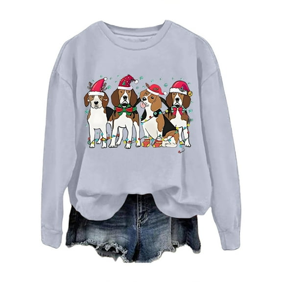 Sweatshirts for Women Winter Christmas Puppy Printed Long Sleeve Pullover Tops Crew Neck Regular Casual Cozy Soft Loose Fall Graphic Womens Sweatshirts ZB Light Gray M